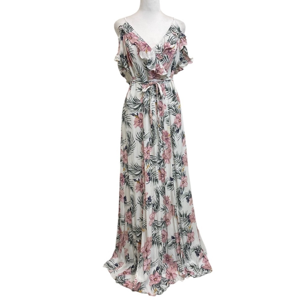 Privacy Please White Tropical Floral Print Open Shoulder Back Ruffle Maxi Dress